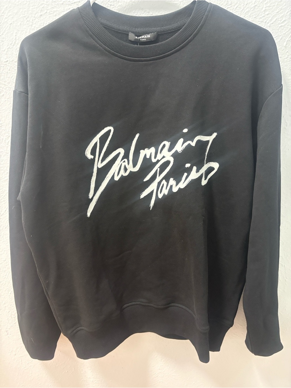 Balmain Black Crewneck Sweatshirt with White Script Logo
